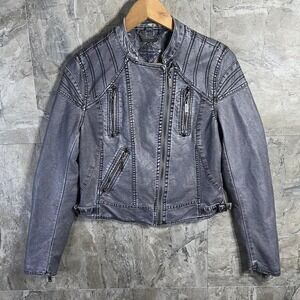 Vintage Jou Jou Distressed Cropped Grey Faux Leather Biker Bomber Jacket Size M